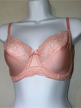 Marie Meili Pink Stretchy Satin & Lace Stripe Underwire Full Coverage Bra Sz 36D